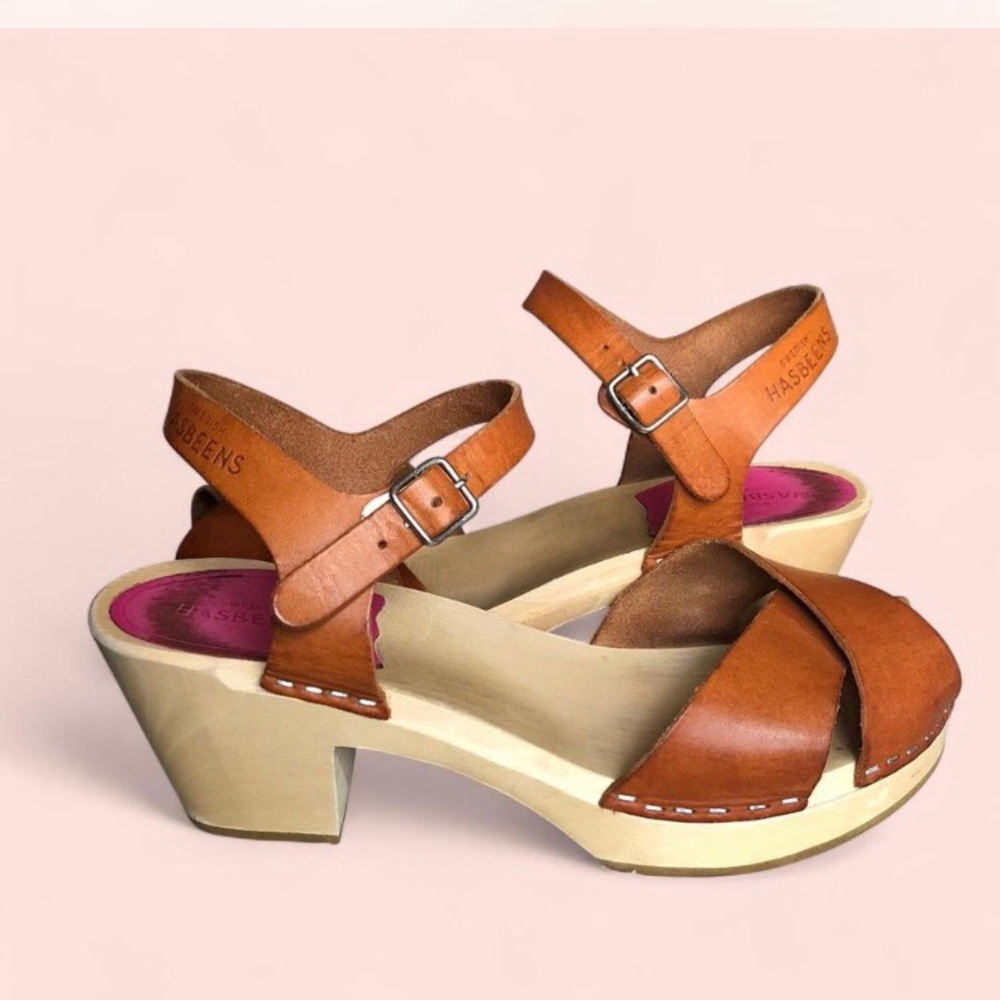 Swedish Hasbeens Strappy Leather Sandals Women 7.5 Buckle Block Heel Brown